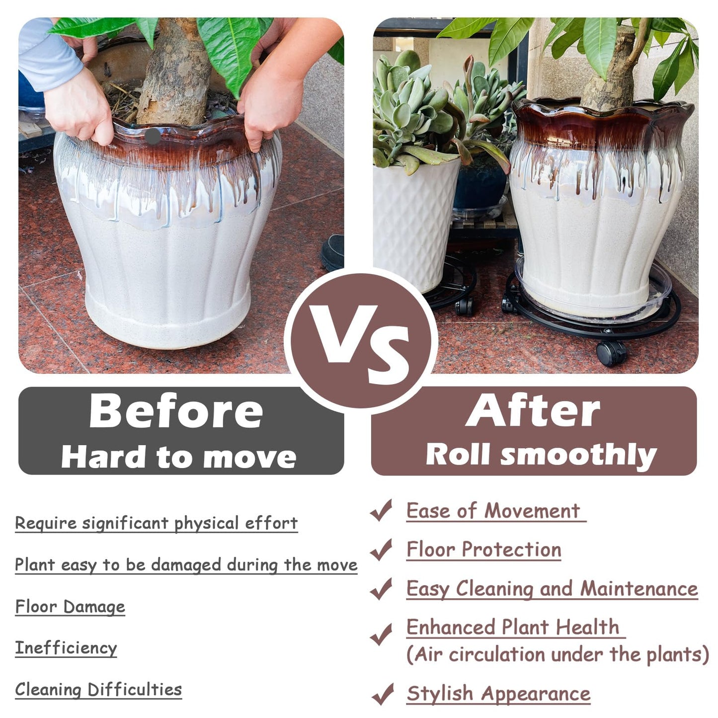 12" Metal Plant Caddy with Wheels 3 Packs Large Rolling Plant Stands Indoor Wheeled Plant Dolly Heavy-duty Planter Mover Roller Base Outdoor Plant Trolley Cart Water-proof, Plant Saucers on Wheels