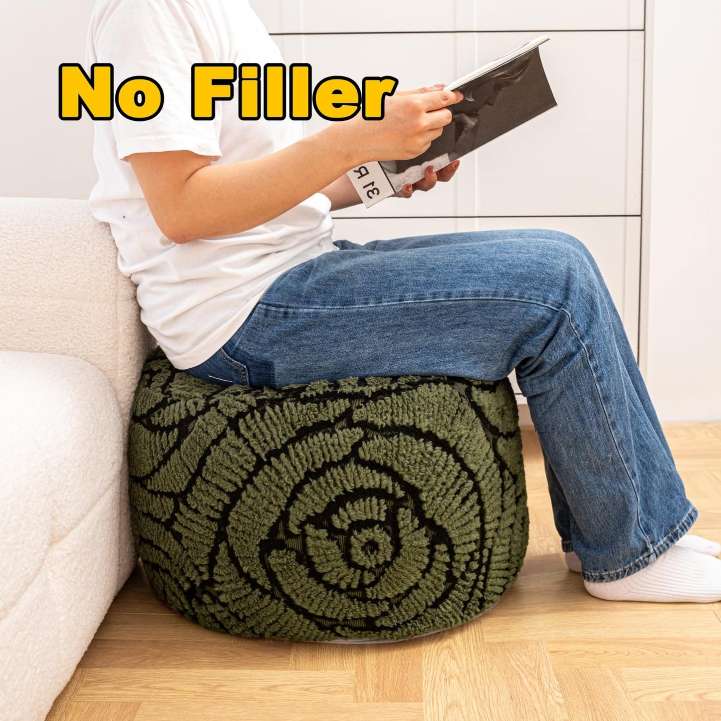 Asuprui Fluffy Flower Pouf Ottoman Cover Only – 20"x14" Round Plush Fuzzy Pouf Shell for Footrest, Stool or Floor Seat, Soft Removable Home Decor (No Insert Included) (Green)