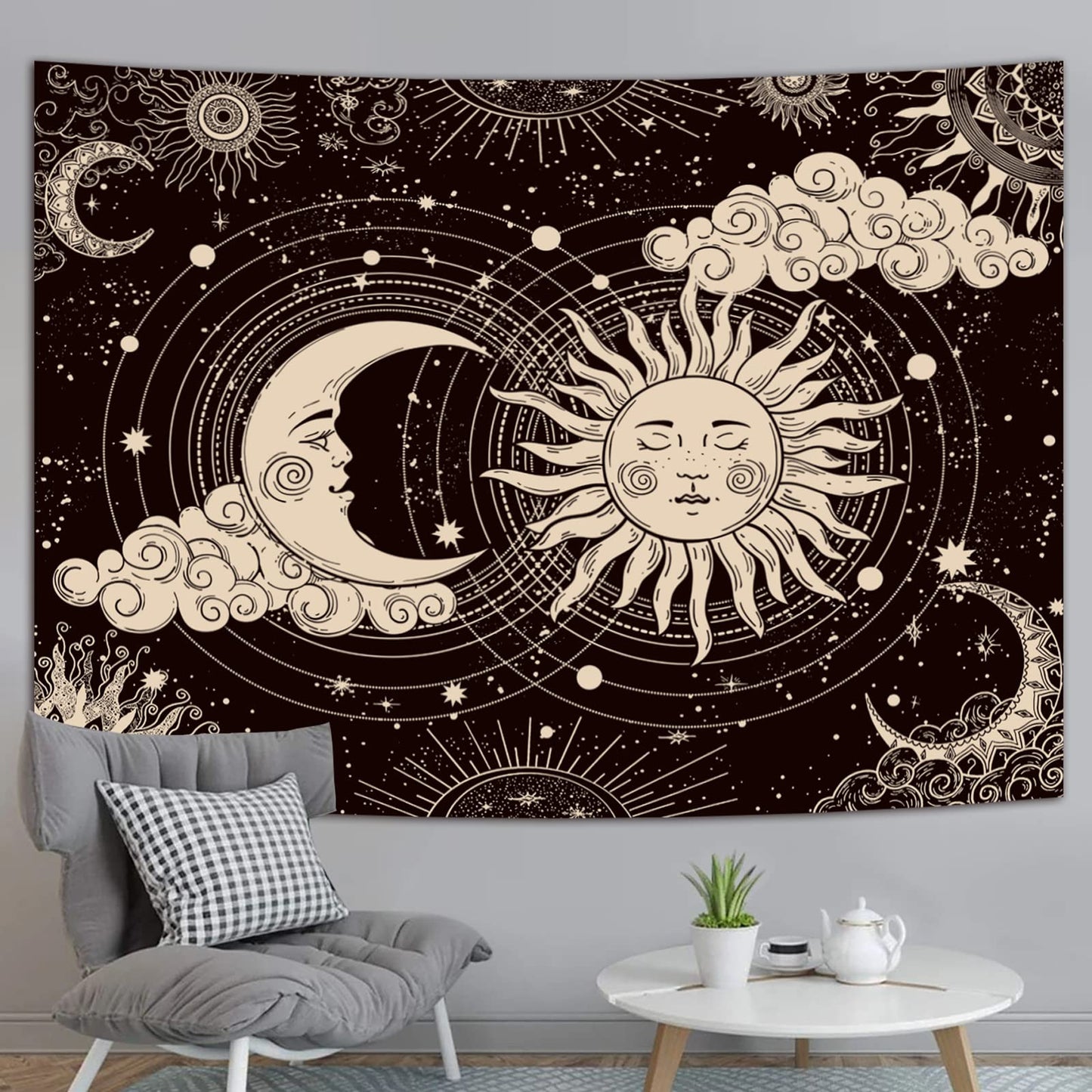 Wonrizon Sun and Moon Tapestry, Aesthetic Black Dark Spiritual Tapestries Mystic Burning Sun with Clouds Star Wall Hanging decor for Bedroom (30"x40")