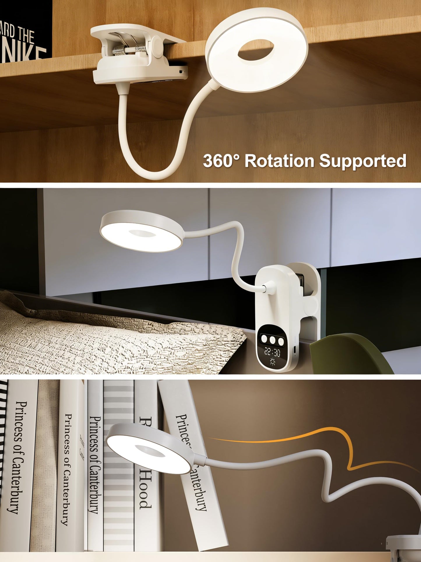 Wireless Clip on LED Desk Lamp, 1800mAh Rechargeable Eye-Caring Bedside Reading Light with Clock & Timer, 3 Color Temperatures 360° Rotatable for Dorm Room Home Office Camping Blackout (White)