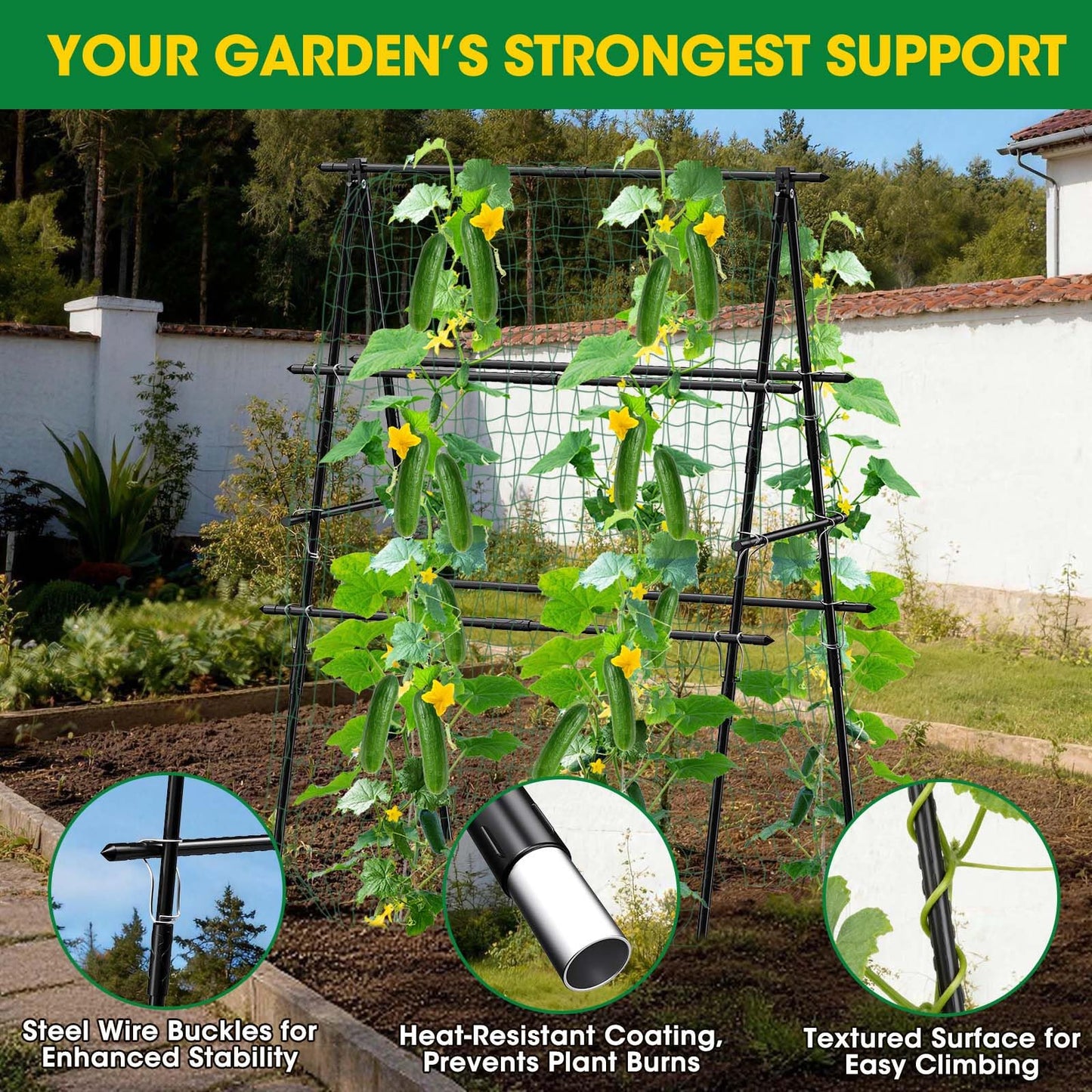 Cucumber Trellis, 31''X47'' A-Frame Cucumber Trellis for Raised Bed with Climbing Net, Metal Garden Trellis for Climbing Plants for Cucumber,Tomato, Grapes and Flowers