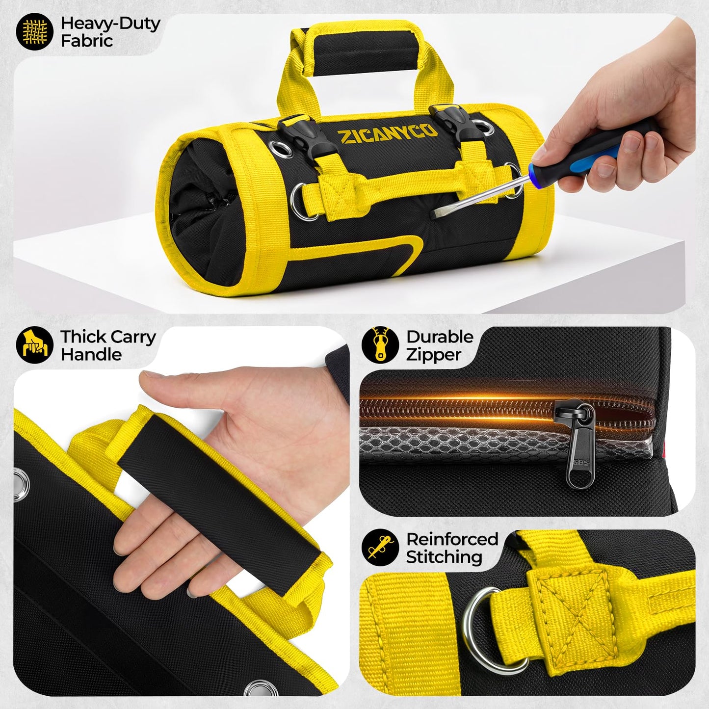 ZICANYCO Roll Up Tool Bag, Heavy Duty See-Through Tool Roll Organizer with 2 Detachable Pouches, Portable Mechanic & Motorcycle Tool Bag, Birthday & Father’s Day Gift, Yellow