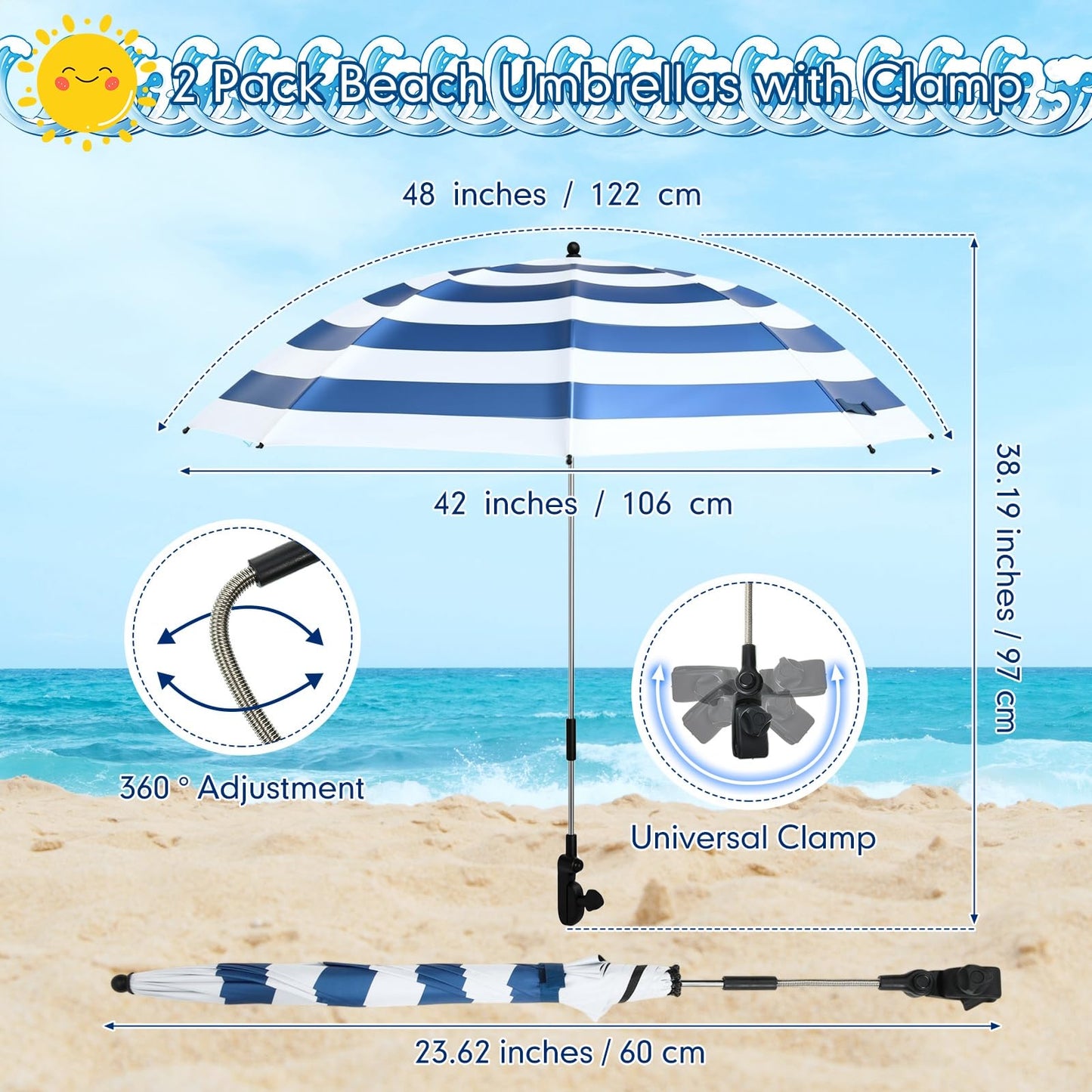 Breathffy 2 Pcs Beach Umbrella with Clamp UV Protection 48 Inch Adjustable Umbrellas for Chair with 360° Universal Clamps for Beach Camping Stroller Wheelchair, Chair Not Included(Blue Stripes)