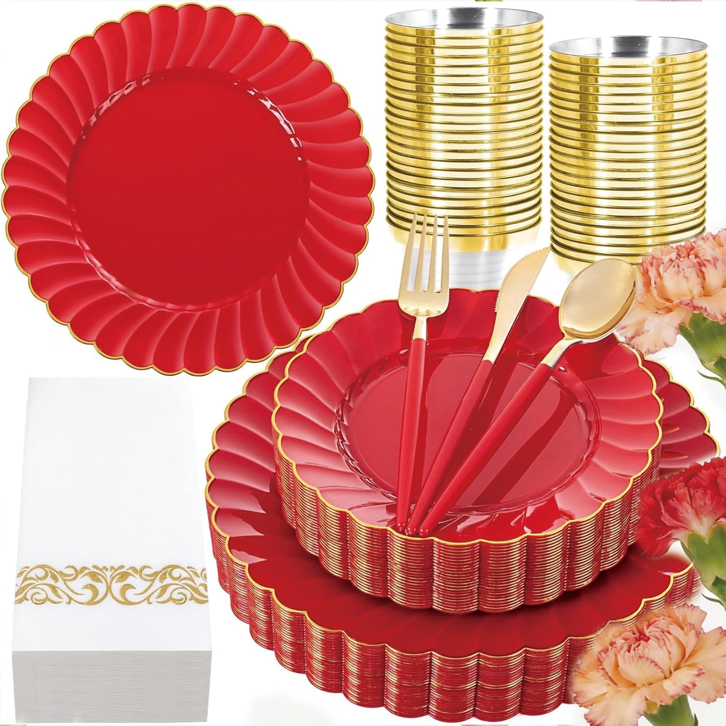 Ciaell 175 PCS Red Scalloped Plastic Plates with Gold Trim - Red Plastic Silverware with Handle - Fancy High-End Dinnerware Sets for Wedding & Party & Mother's Day