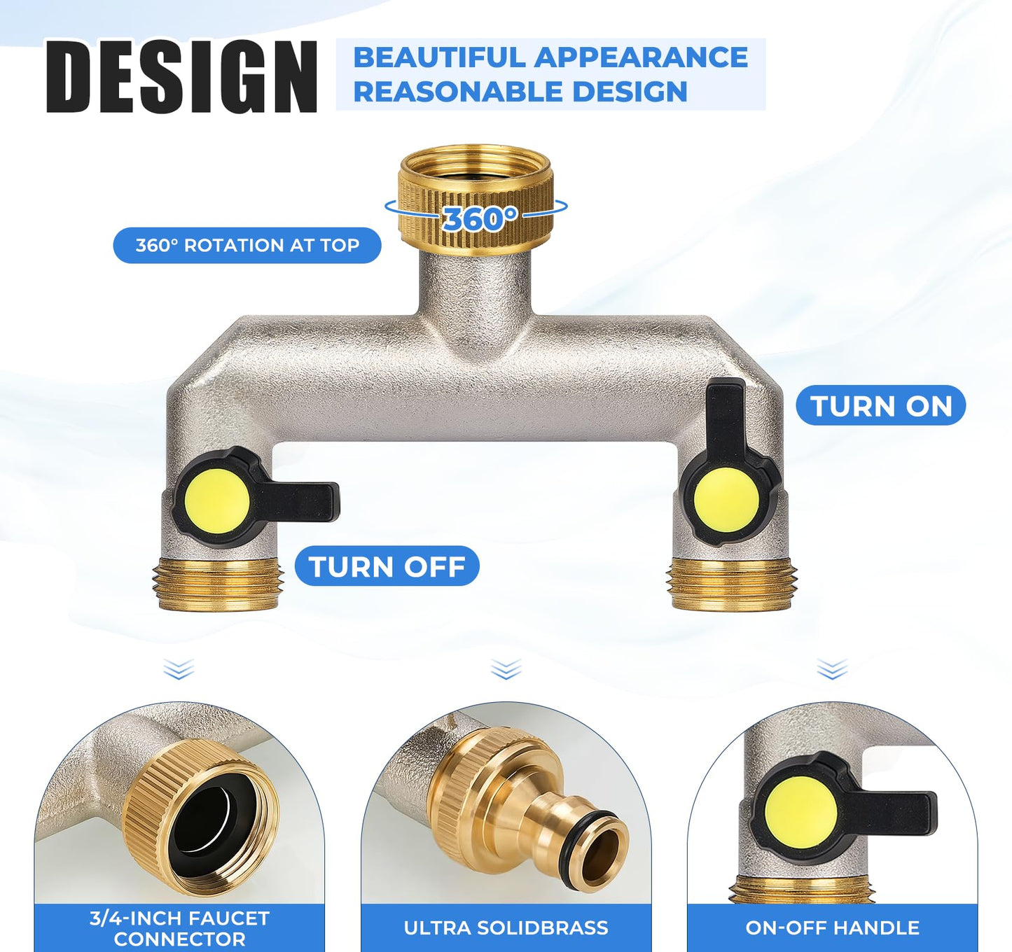 Anstore 2 Way Heavy Duty Faucet Splitter, Two Way Hose Splitter Brass Tee Valve with Handle 3/4" Garden Hose Connector Dual Outlet, Spigot Splitter 2 Way for Home, Yard, Washing Machine, Garden Hoses