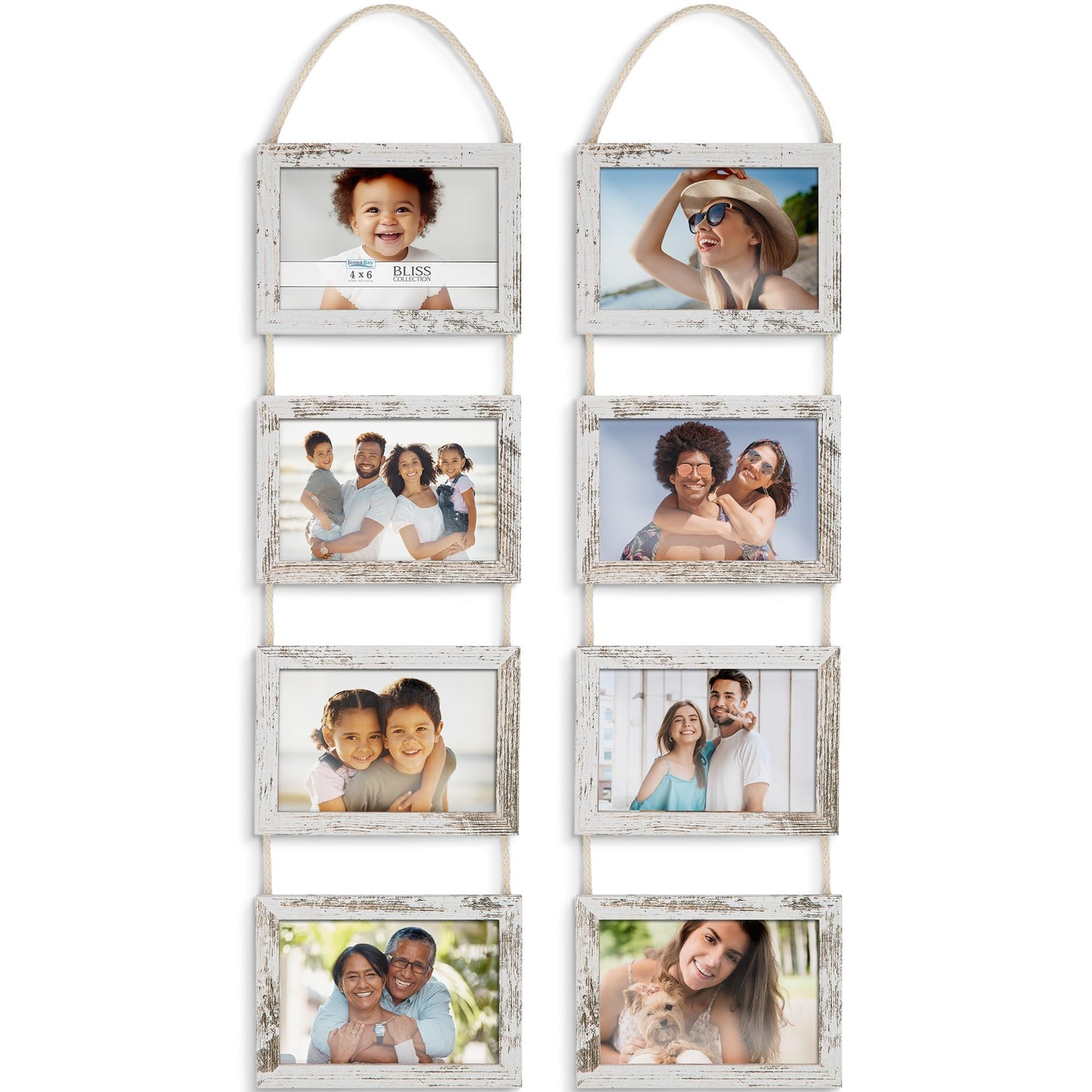 Icona Bay - 4x6 Wall Hanging Picture Frames Collage with 8 Openings - Distressed White, 2 Pack - Casual Style Engineered Wood Frames - Wall Mount Only - Bliss Collection