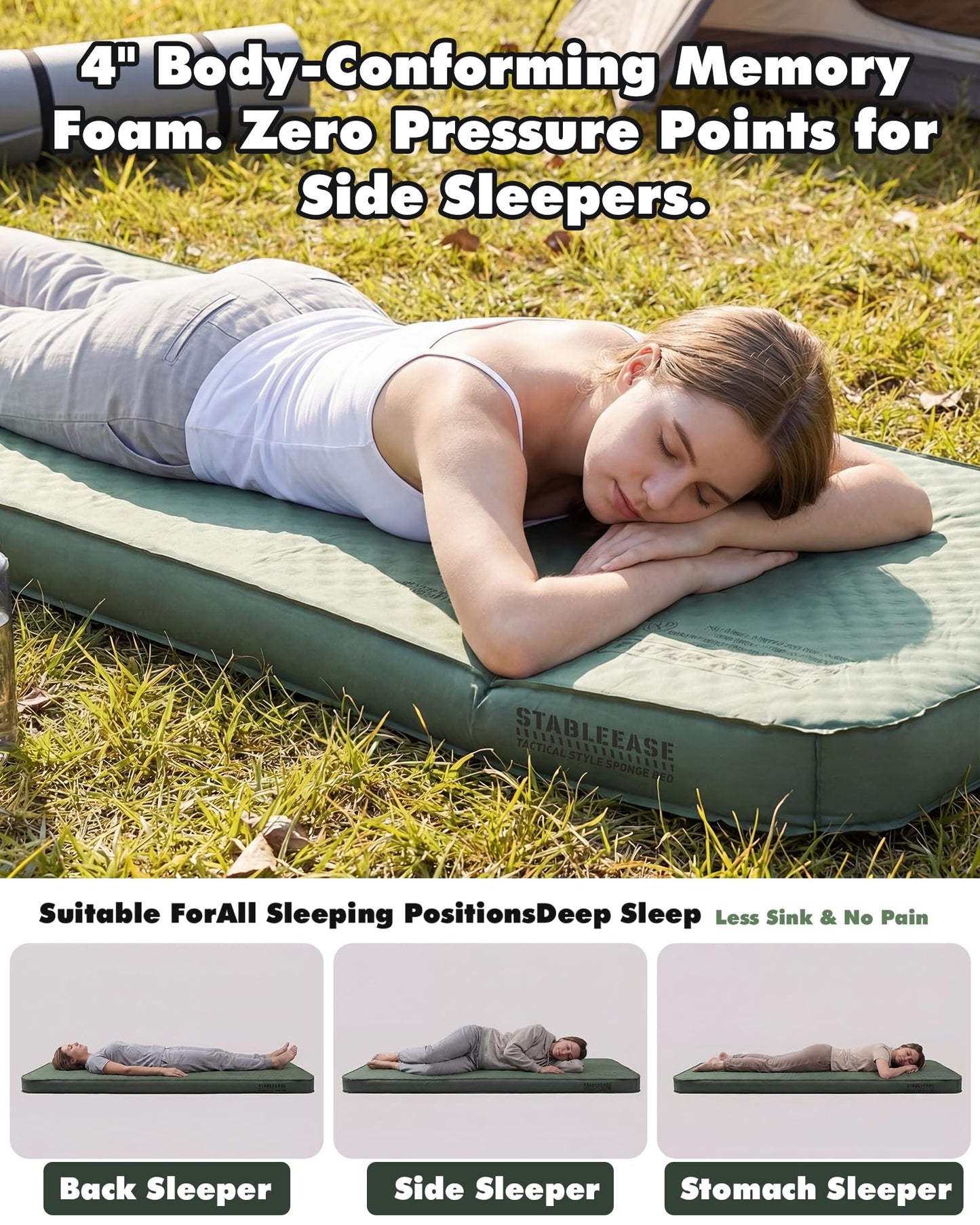 Self-Inflating Sleeping Pad With Electric Pump, 4" Ultra-Thick Memory Foam Camping Mattress For Tent Car Travel, Fast Inflation 20s, 9.5 R-Value 4-Season Insulated, Compact Portable Comfort