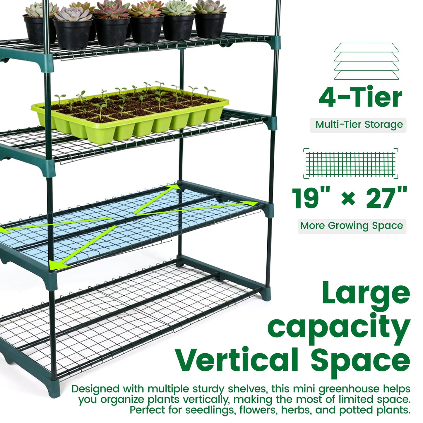 Worth Garden 4 Tier Mini Greenhouse - 63'' H x 27'' L x 19'' W - Sturdy Portable Gardening Shelves with PVC Cover - Small Green House Use in Indoor & Outdoor for Plants Flowers