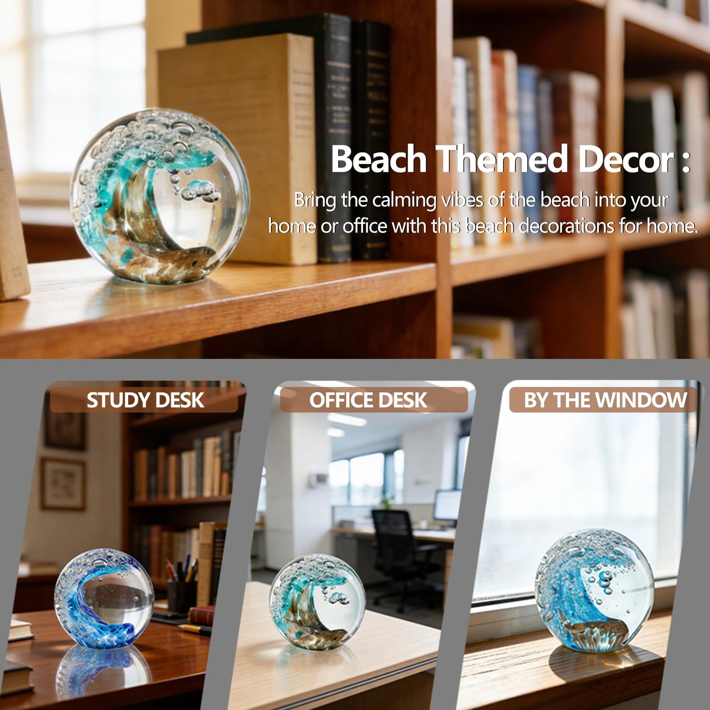 Hand Blown Glass Ocean Wave Ball, 2.3" Blue Sea Wave Crystal Figurine Paperweight, Decorative Glass Sphere Ornament for Home Office, Nautical Decor Collectible, Birthday Gift for Ocean Lovers