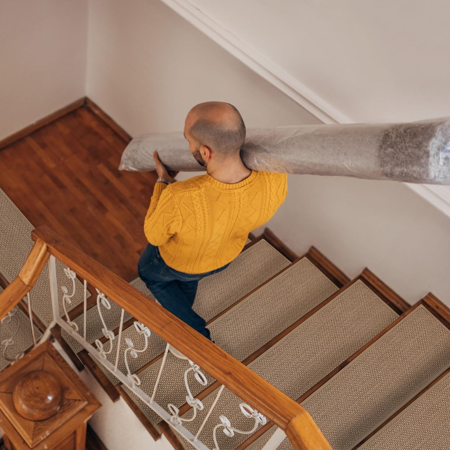 RIOLAND Linen Carpet Stair Treads for Wooden Steps Indoor 9" x 36" Non Slip Stair Runner for Wood Stair Peel and Stick Stair Rugs for Kids Elders and Dogs, 15 Pack
