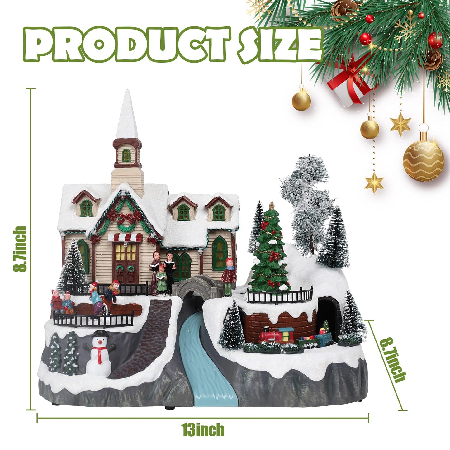 WONDER GARDEN Christmas Village Houses Church House Villages with Rotating Tree,Moving Train and Dancing Kids Musical Lighted Christmas Collectible Buildings for Indoor Decor or Gift