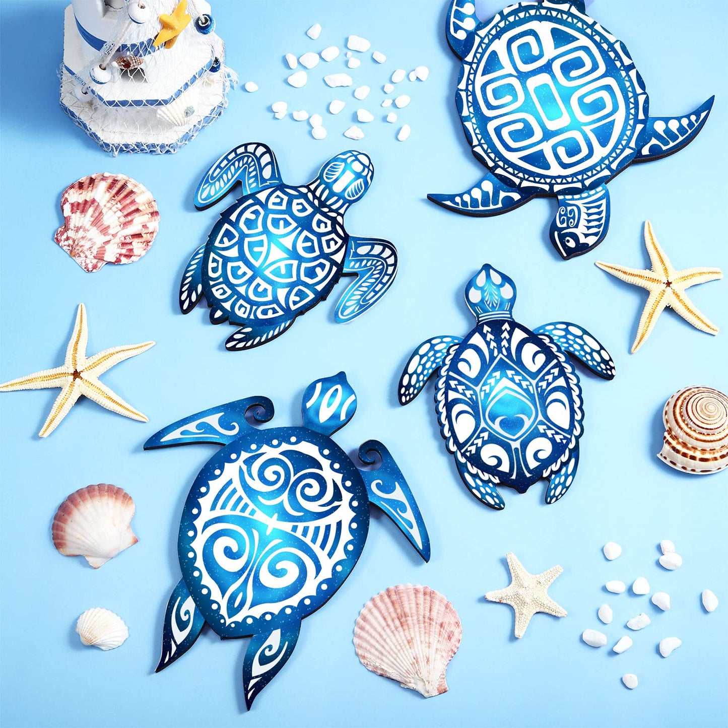 Yalikop 4 Pieces Sea Turtle Bathroom Wall Decorations Sea Turtle Ocean Voyage Sign Beach Theme Wooden Plaque Farmhouse Rustic Decorations for Home Wall Bathroom Decor Blue