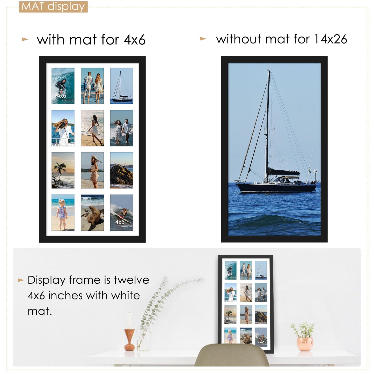 DUENPY 14x26 Collage Picture Frame 4x6 Collage Picture Frame Displays Twelve 4x6 inch Photos Available Horizontal Wall Mounting Display and Vertical Black