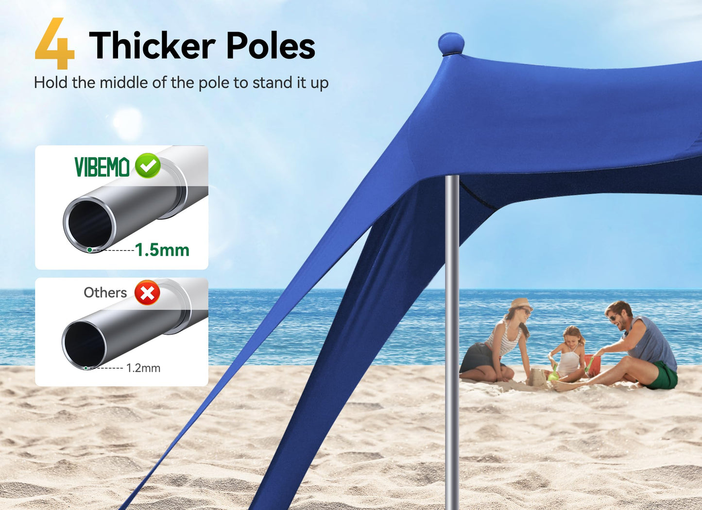 Vibemo Beach Tent, Beach Canopy Sun Shade with UPF50+ UV Protection, 10x10ft, Includes 8 Sandbags, Sand Shovel, Ground Pegs & 4 Stability Poles, Pop Up Sun Shelter for Camping, Picnics, Backyard Fun