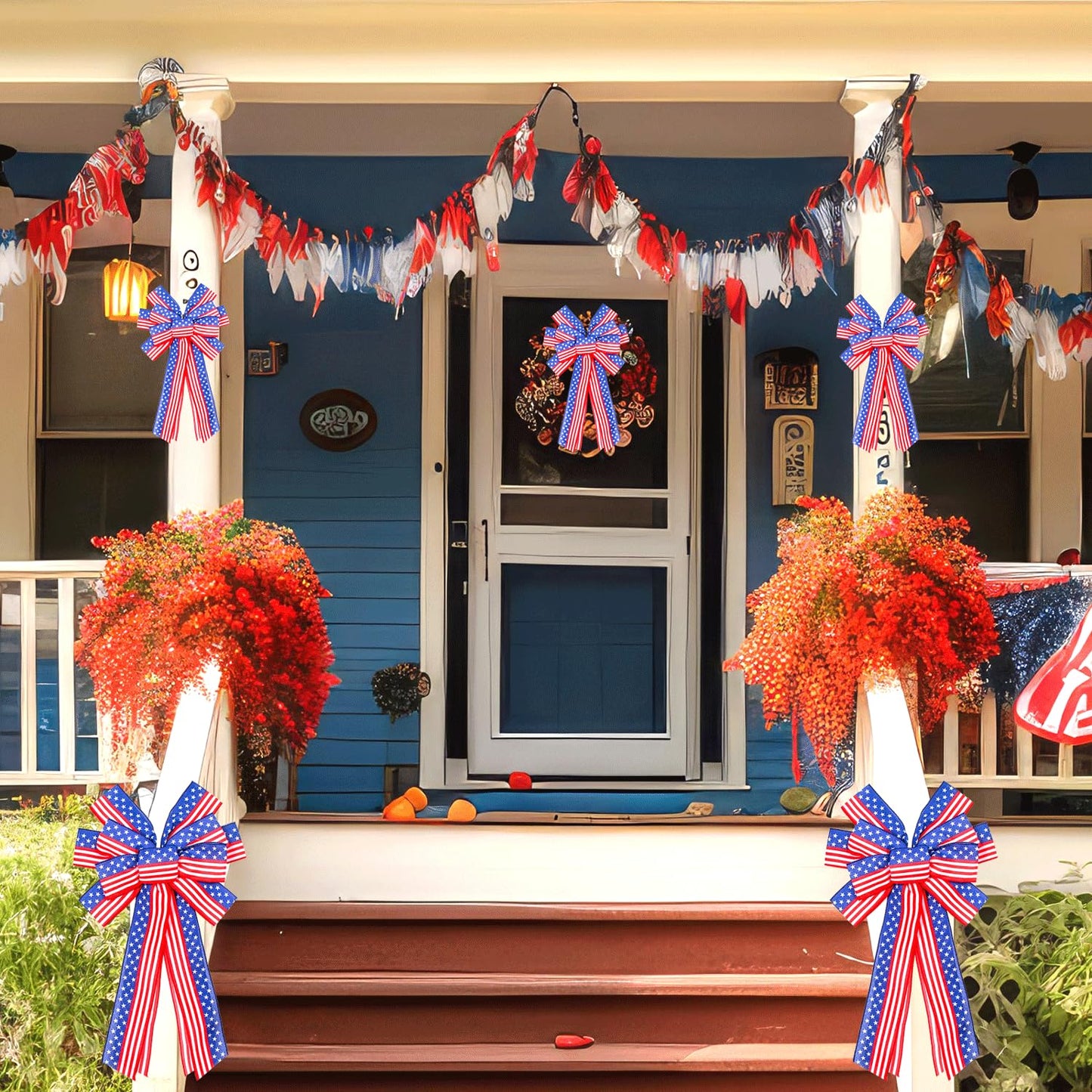 EVRWO 2 PCS Large Patriotic Wreath Bows Star and Stripe America Flag Bow 4th of July Red Blue Burlap Bow for Veteran's Day Independence Day Memorial Day Front Door Holiday Party Home Decor 20 * 12"