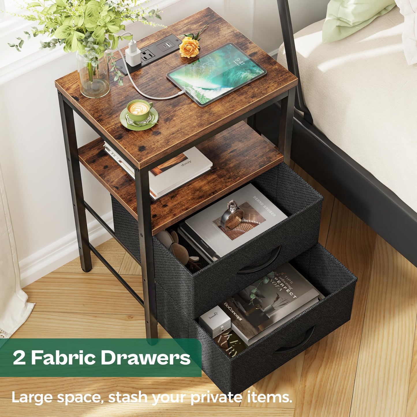 Huuger Nightstand with Charging Station, Side Table with Fabric Drawers, End Table with Open Shelf, Bedside Table with USB Ports and Outlets, Night Stand for Bedroom, Rustic Brown and Black