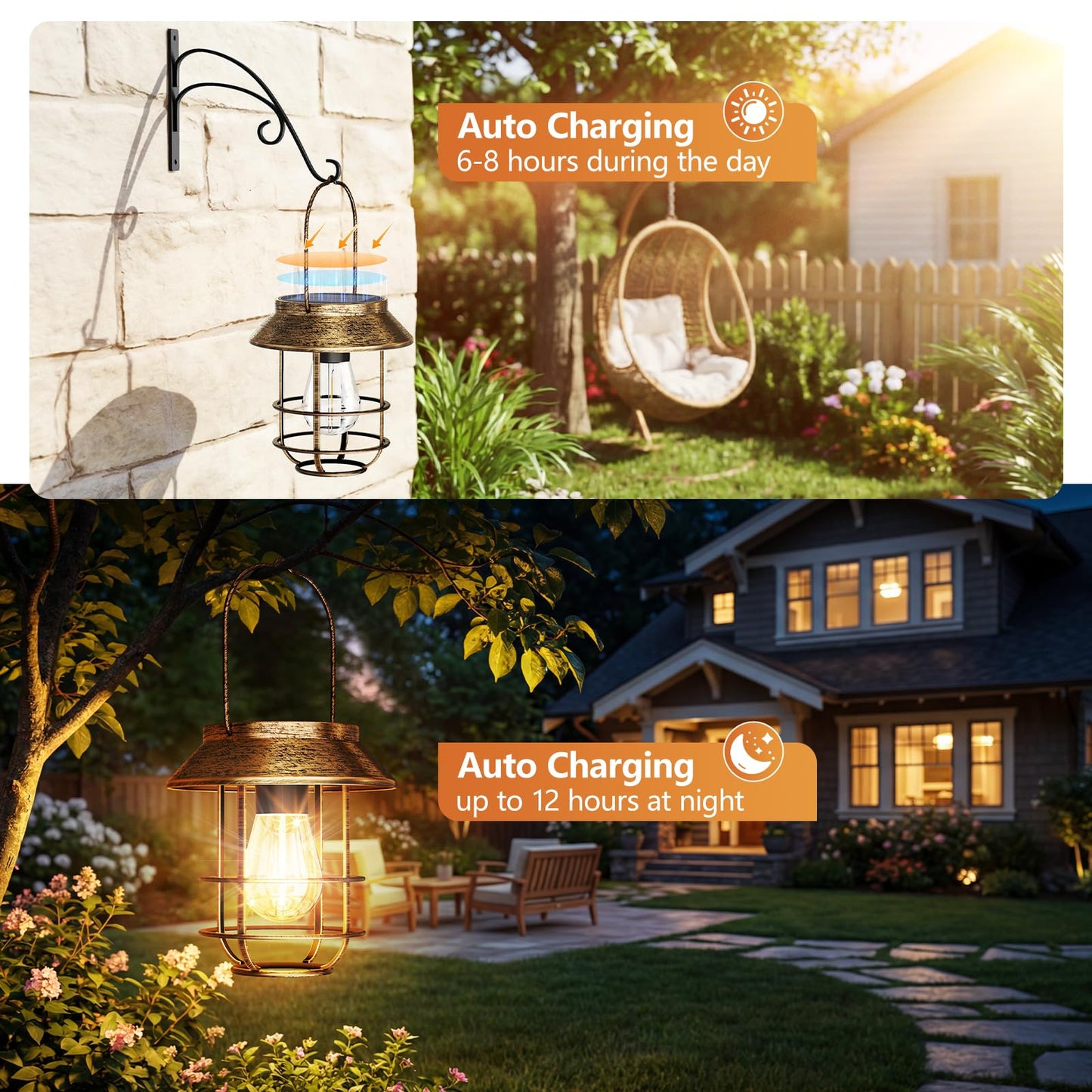 AOUNQ Solar Lanterns Outdoor Waterproof 4 Pack, Upgraded Brighter Hanging Solar Lights for Outside with Wall Hook - Retro Bronze Metal Solar-Powered Hanging Lantern Auto On/Off for Porch Patio Garden