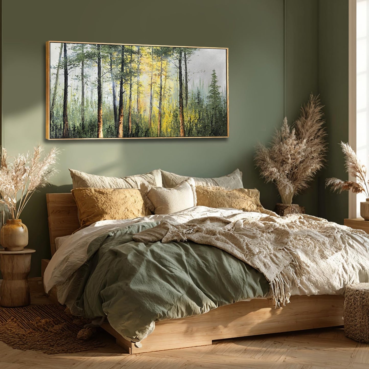 Landscape Framed Canvas Wall Art,Green Nature forest Artwork Prints,Tree Sunrise Scenery Wall Decor for Living Room Bedroom Office 24"x48"