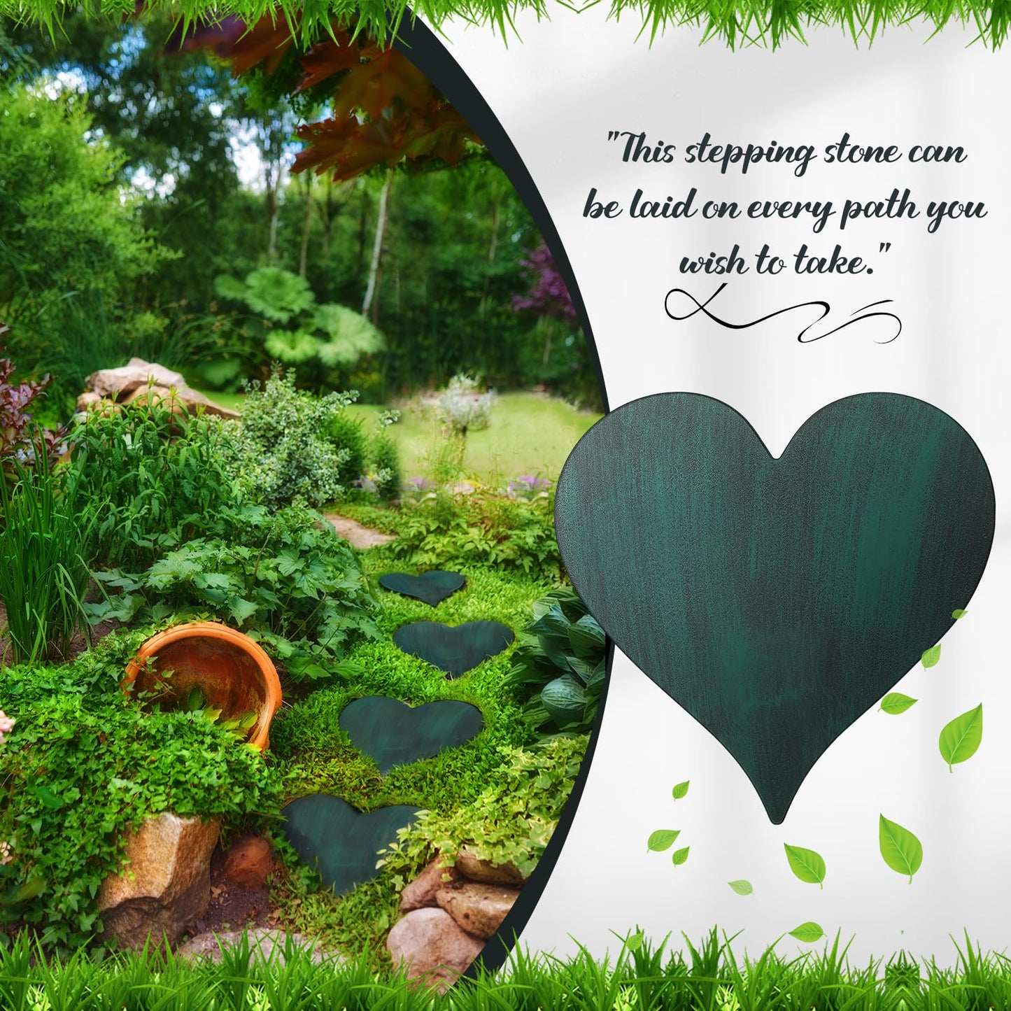 Tandefio 3 Pcs Heart Garden Stepping Stones Brown Cast Iron Stepping Stones Rustic Style Outdoor Stones for Garden Walkway Outside Decorative Decor, 12 Inches (Green)
