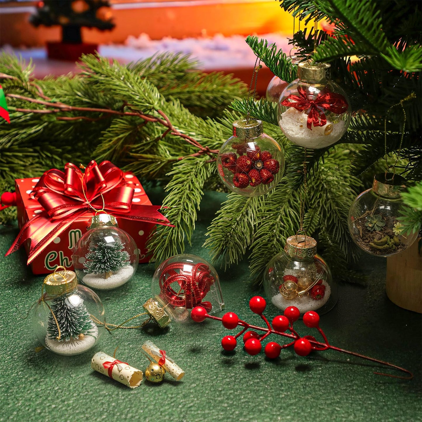 Wettarn 50 Pcs 2.36 Inch Christmas Plastic Fillable Ornaments, Transparent DIY Craft Rainbow Ball with Lid and Rope, Xmas Hanging Ornament for Party Wedding Home Decor (Clear)