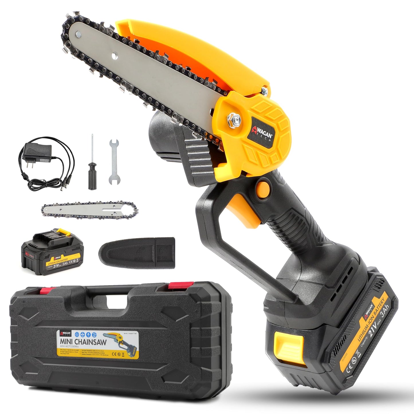 Wagan EL7007 OneVolt Cordless Chainsaw 6, 6-Inch Mini Chainsaw with UL Certified 3.0Ah Rechargeable Battery, Lightweight Handheld Saw for Tree Trimming, Pruning, and Wood Cutting