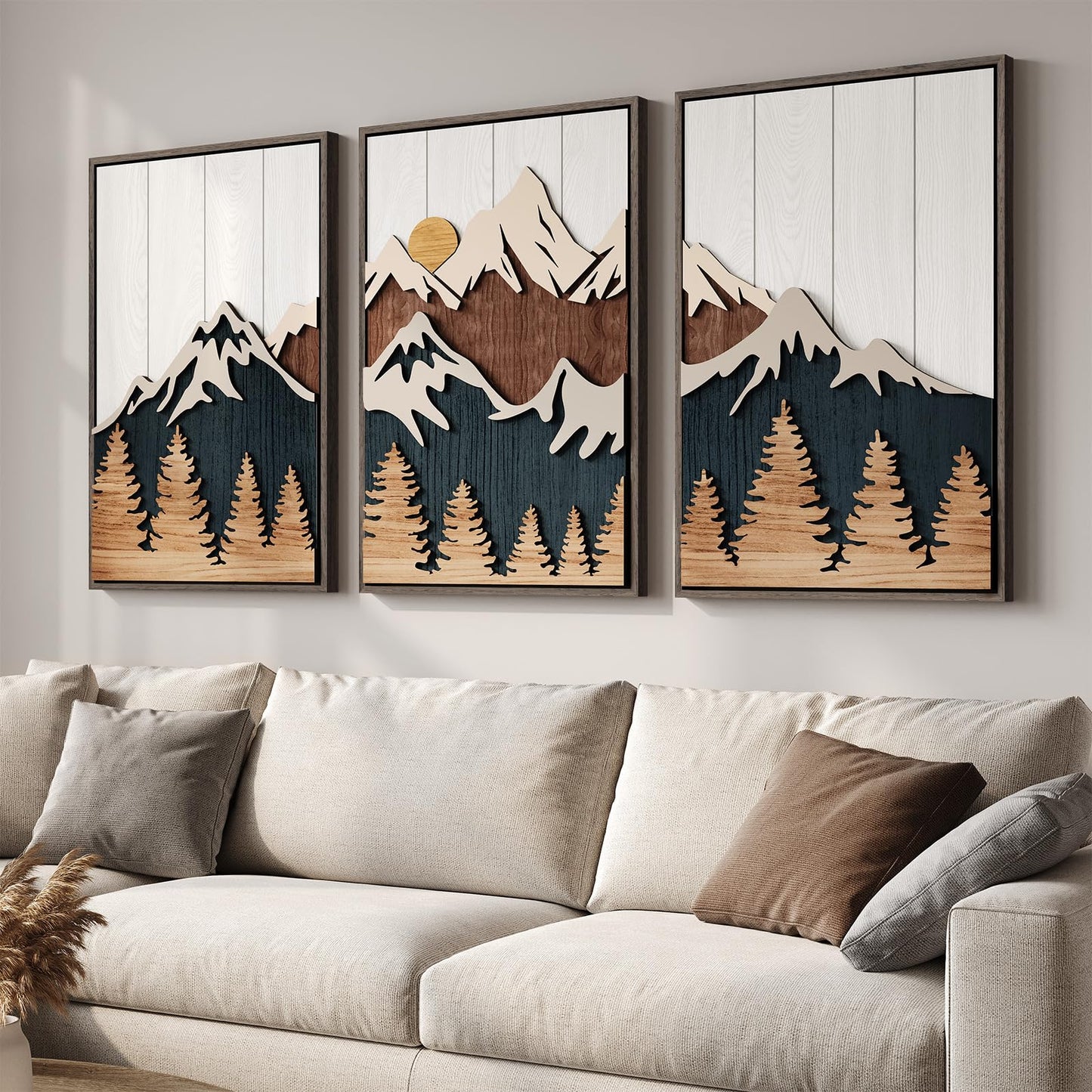 Framed Textured Wood Mountain Wall Art for Living Room, Large 3 Piece 3D Wood Farmhouse Artwork for Walls, Boho Landscape Mountain Forest Sun Wall Art Decor for Bedroom Office Hallway, 24x36 Inch