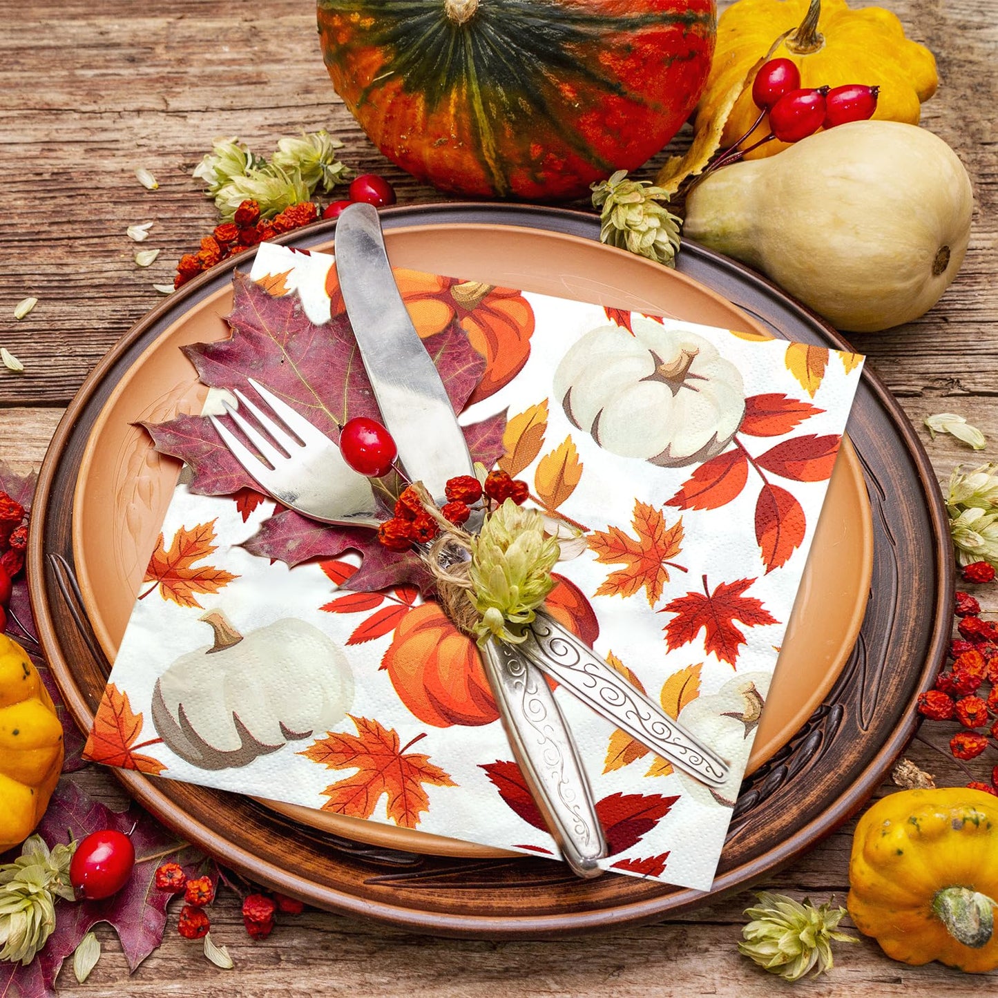40 Pack Fall Thanksgiving Paper Napkins - 13 x 13 Inches Disposable Pumpkin and Autumn Maple Leaves Pattern Serviettes Tableware Luncheon Cocktail Napkin Party Supplies for Holiday Dinner Decorations