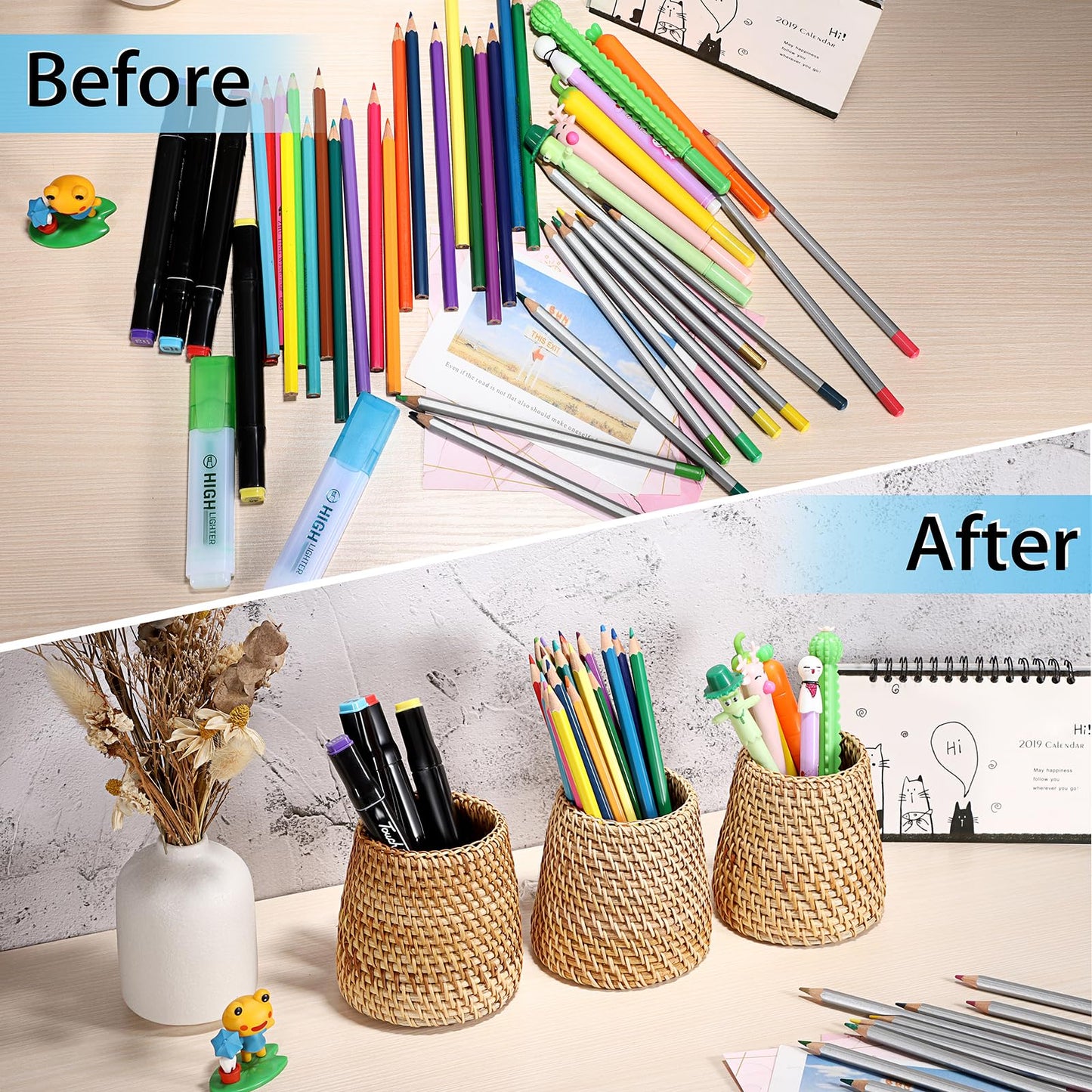 BTSKY 3 Pack Rattan Pen Cup, Handmade Desk Pencil Holders Makeup Brush Holder Multi-Functional Woven Basket Office&Home Desktop Organizer (Cone)