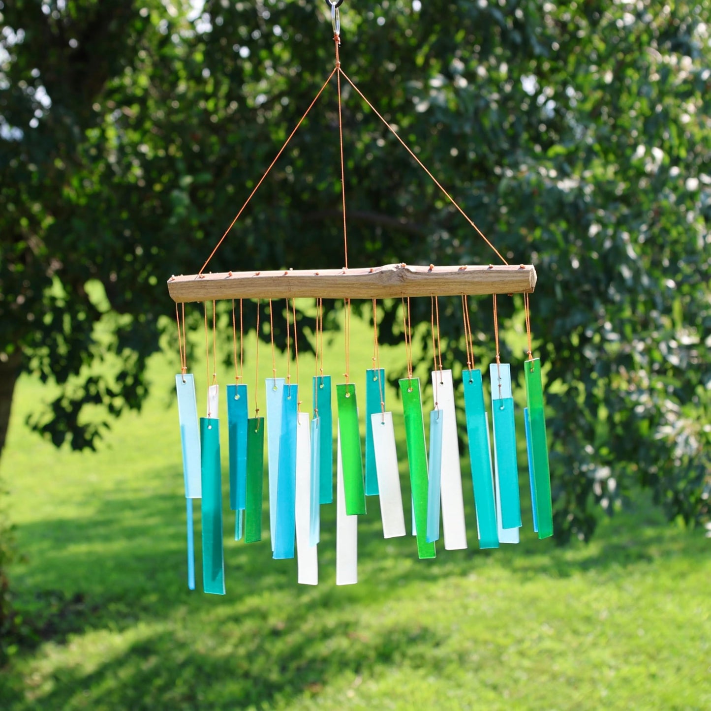 Blue Handworks Sea Glass and Driftwood Chime - Sandblasted Glass and Found Wood Hand Crafted Wind Chime