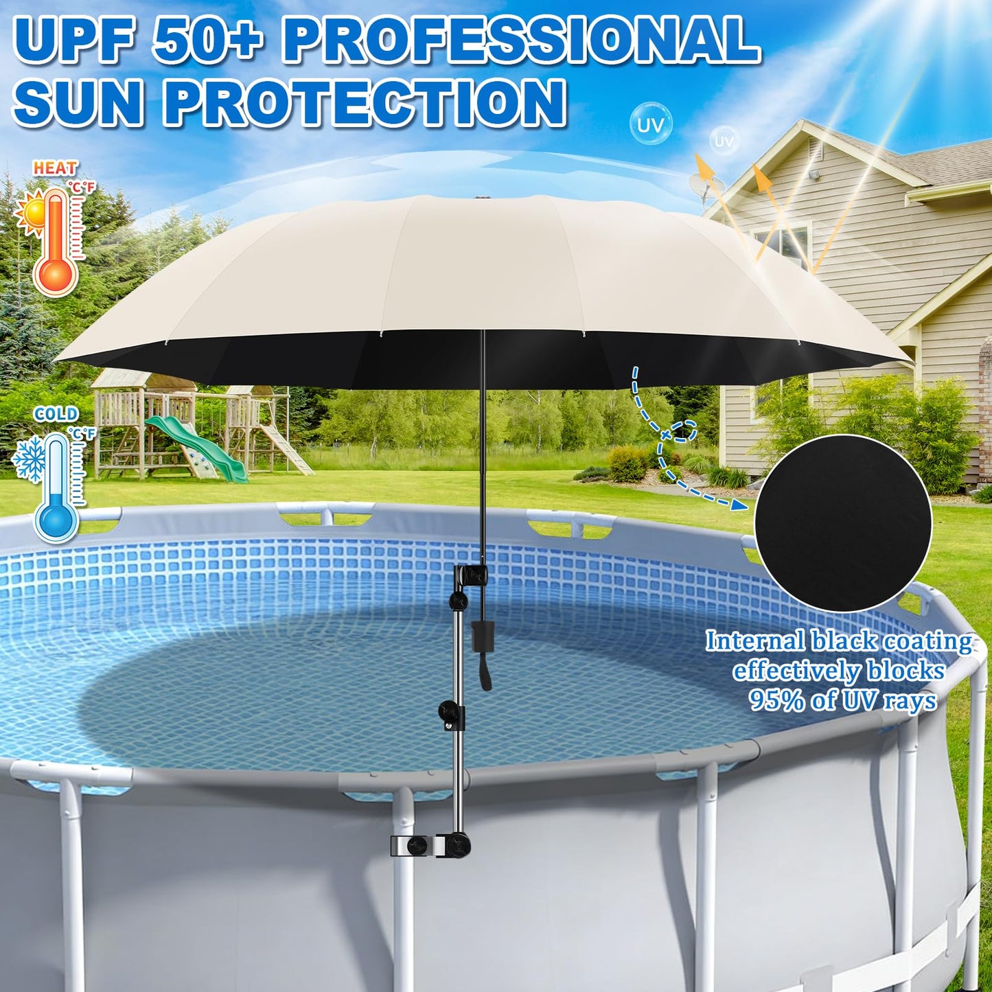 2 Pack Pool Canopy Shade for Above Ground, 50" Chair Umbrella with Clamp Adjustable, Portable UPF 50+ UV Protection Outdoor Umbrella for Patio/Backyard/Beach/Camp Trolley/Strollers/Golf Carts (Beige)