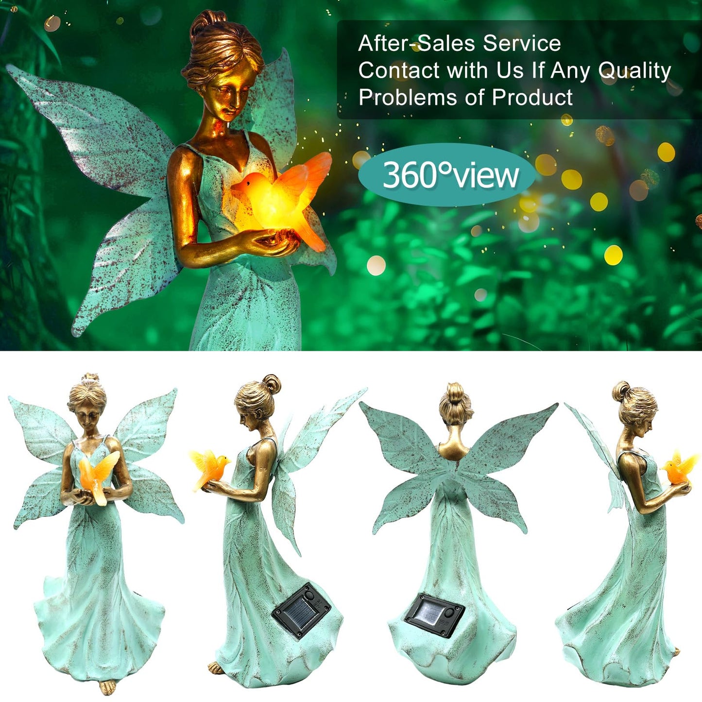 Solar Fairy Garden Statue Decor - Gifts for Women Mom Mother's Day, 10 Inch Angel Girls Resin Figurine Waterproof Home Decoration with Hummingbird LED Lights for Bedroom Balcony Table Yard Patio
