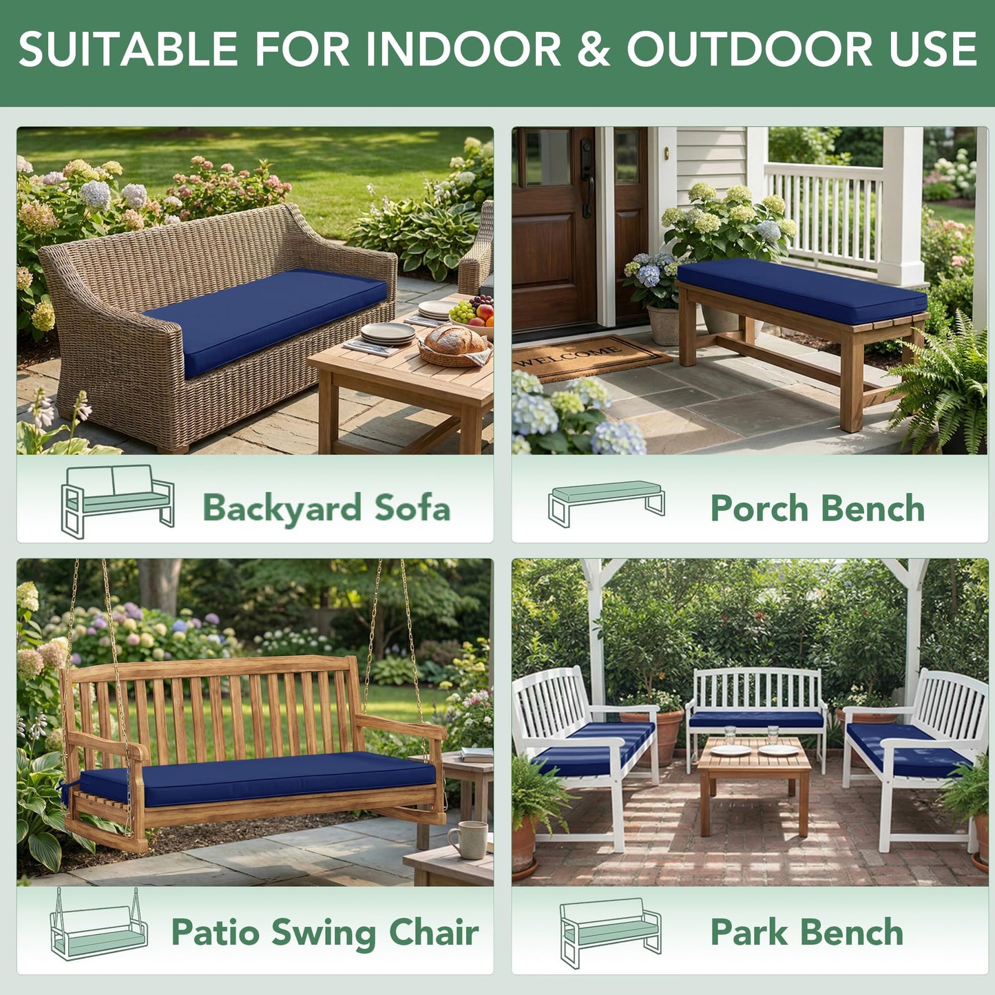 Summsun Outdoor Bench Cushion: Waterproof and Fade Resistant Patio Furniture Cushions - Non-Slip Bench Pad Cushion with Removable Cover for Garden Swing Porch Sofa Settee, 48 x 18 x 3 Inch, Navy Blue