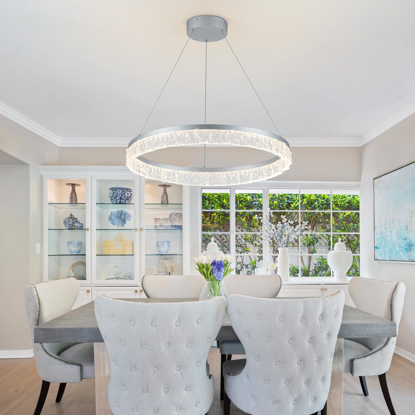 MADEM Modern Silver Led Pendant Light,36W Dimmable LED Chandelier Lighting Fixture, 1 Ring Circular Hanging Led Pendant Lighting for Living Room Dining Room Kitchen Island Foyer Office