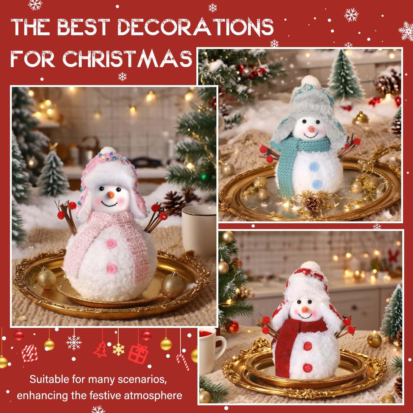 Yonsya Set of 3 Christmas Snowmen Plush Decorations, Xmas Farmhouse Tiered Tray Tree Christmas Decor Collectible Figurines - Home Tabletop Elf Ornaments (3, Snowmen)