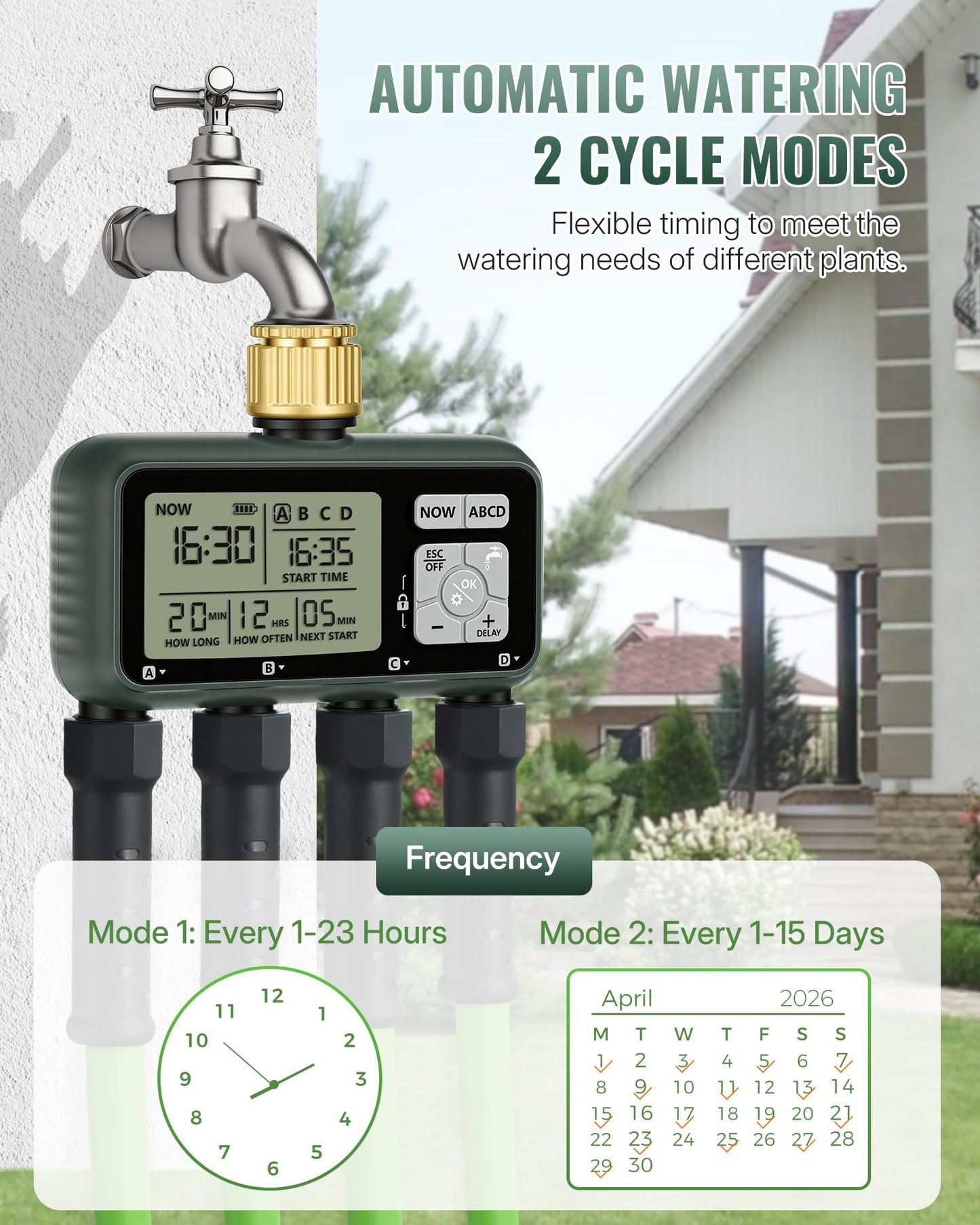 WILAWELS 4 Zone Brass Sprinkler Timer, Garden Hose Timer, Automatic Irrigation System, Programmable Faucet, 4 Outlets, with Rain Delay, Manual Mode,Child Lock, for Yard, Garden, Lawn, Green E14WT06