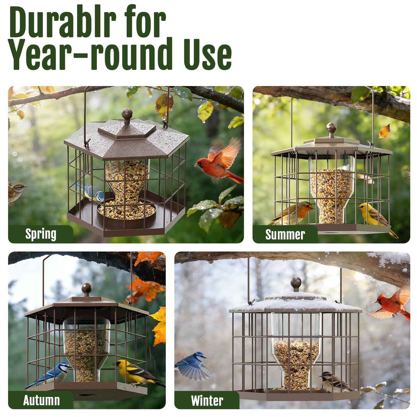 Birdream Squirrel Proof Bird Feeders for Outdoor Hanging, Metal Cage Bird Feeder with Rain Proof Covered for Wildbirds Bluebird Finches, Brown
