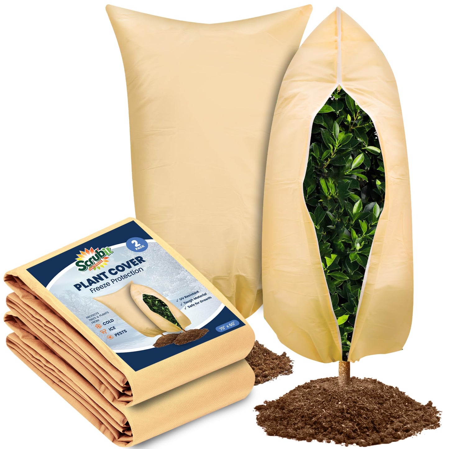 SCRUBIT Plant Covers Freeze Protection, 60 x 70 in. Frost Cloths for Outdoor Plants Fruit Trees & Shrubs with Zipper and Drawstring, Thick Winter Plant Covers - 2 Pack Tree Frost Blankets
