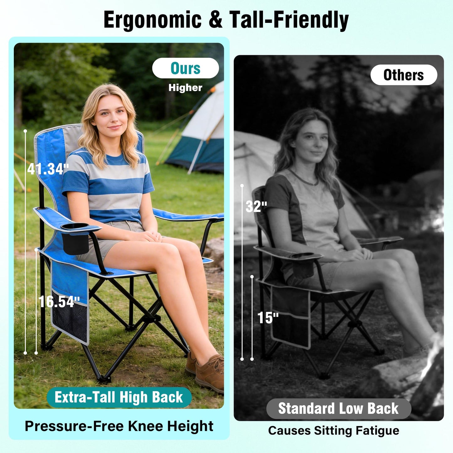 High Back Camping Chair for Adult, Portable Folding Camp Chair, Outdoor Camping Chair with Wide Cup Holder, Side Pocket for Hiking Fishing Sports, (Blue Grey)