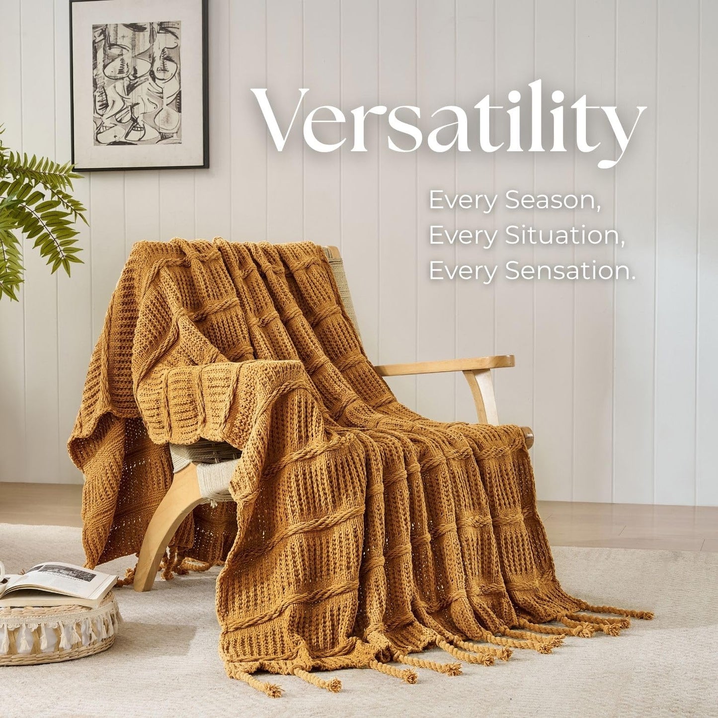 Boho Knitted Chenille Blanket with Tassels - Lightweight & Soft All-Season Throw - 3D Classic Pattern for Living Room Bedroom Couch, Amber Brown, Throw 50"x60"
