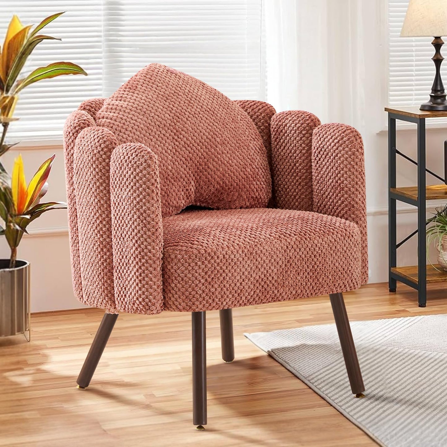 Furniliving Pink Vanity Chair, Velvet Accent Chair for Living Room, Shell Chairs with Wooden Legs, Makeup Chair for Bedroom, Armchair Cute Petal Reading Chair with Pillow