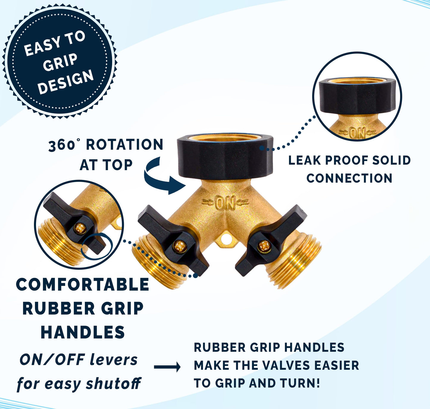 Morvat Garden Hose Splitter with Comfortable Rubber Grip Shut Off Valves, Heavy Duty Brass Connector, Water Tap, Y Splitter, 2 Valves, Outlet, Spigot, Includes Two Extra Washers & Roll of Teflon Tape