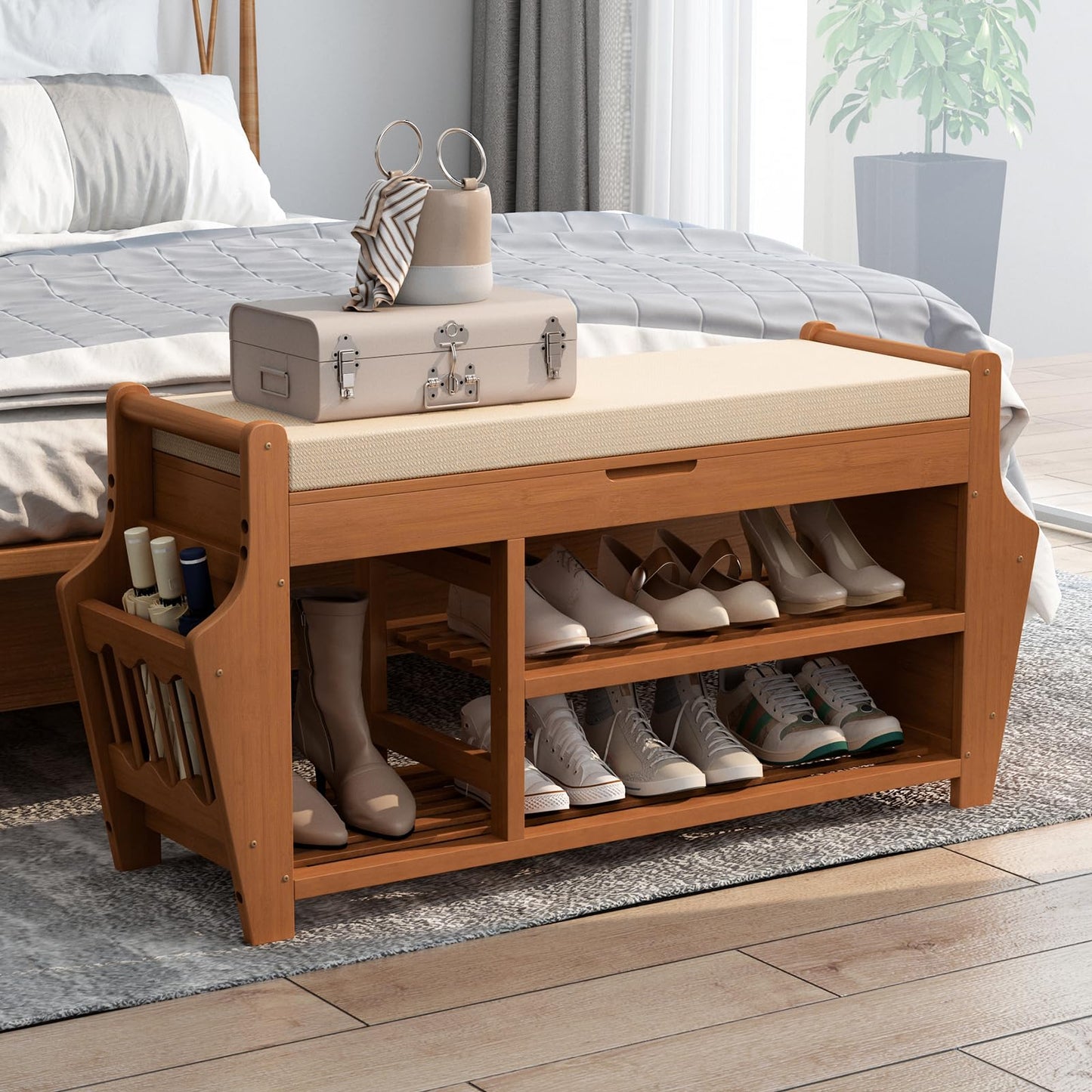oakvivo 39.4in Shoe Bench with 2 Side Holder, 3 Tier Bamboo Entryway Bench with Storage, Shoe Rack Bench Organizer with Cushion for Entryway Hallway Living Room, Holds up to 330lbs