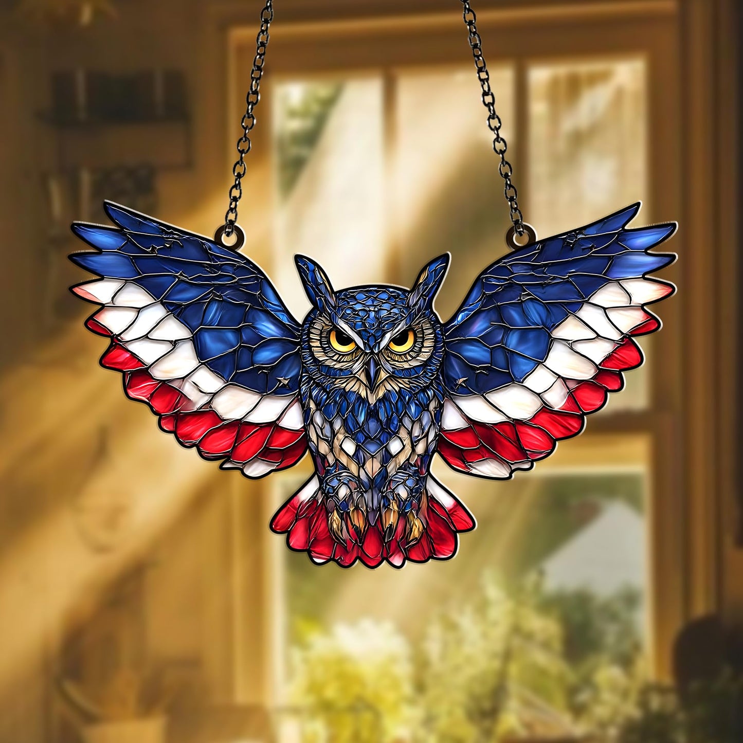 American Flag Owl Suncatcher Acrylic Suncatcher Window Hanging Ornament Patriotic Owl Decor for Home, Garden, Office 4th of July Gifts Bird Ornament for USA Lovers, Veterans, Nature Fans