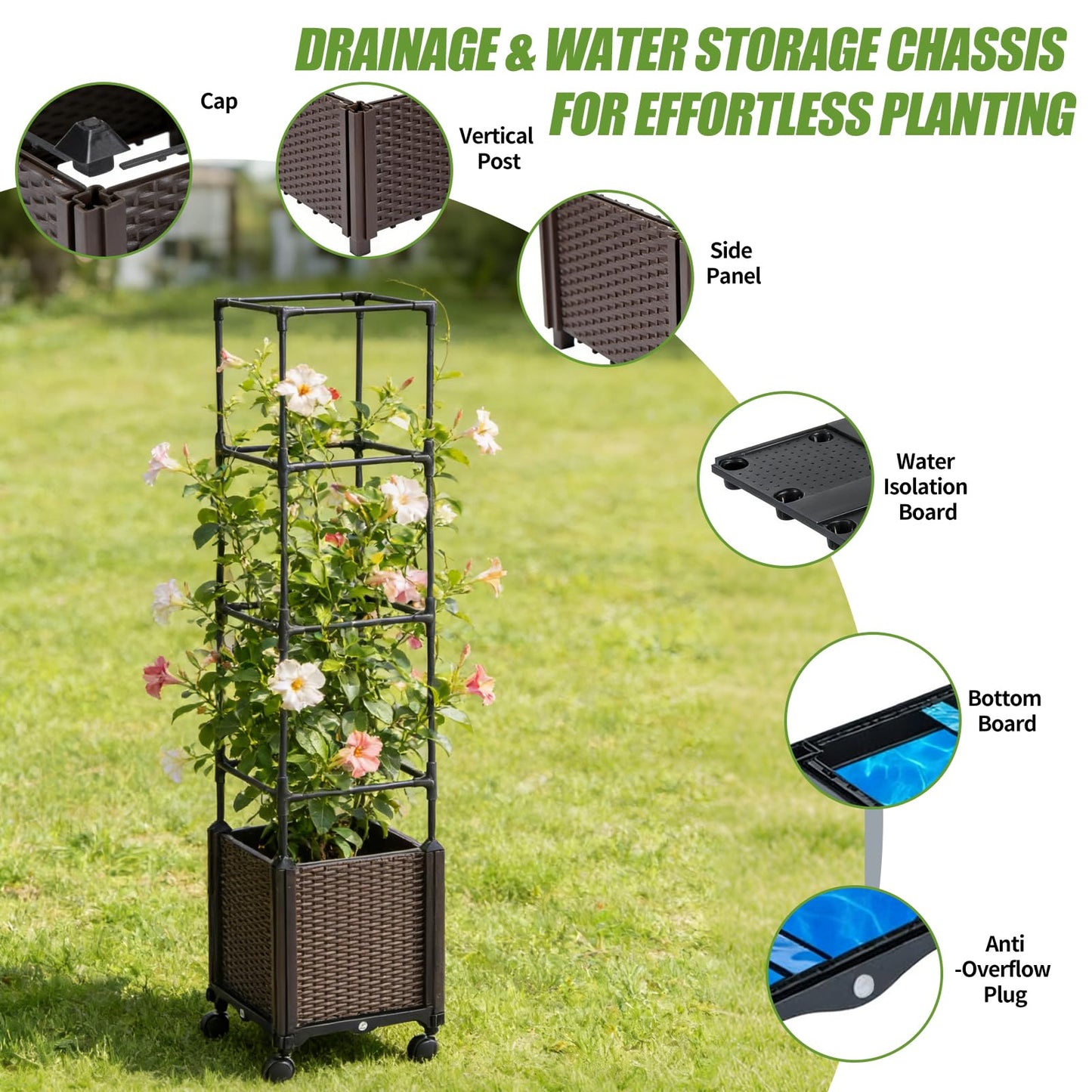 Risirica Tomato planter,Raised Garden Bed with Tomato Cage & Trellis, 53"Self-Watering Tomatos Planter with Lockable Wheels,Climbing Plants Large Reservoir for Vegetables Flowers,Indoor Outdoor Patio