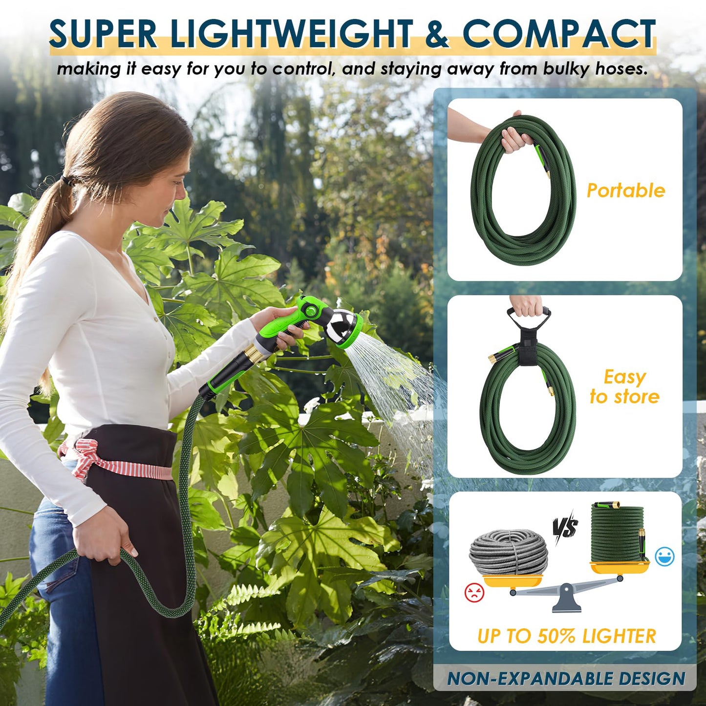 FLOERXIS Non-Expandable Garden Hose 50 FT, Lightweight Hose with 10 Function Spray Nozzle, Kink-Free Flexible Water Hose, Durable, Leak-Proof, 360° Swivel Connectors, Portable Storage Strap