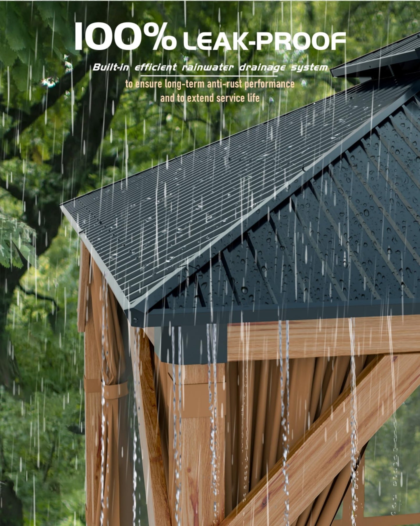 GarveeLife Hard top Wood Gazebo 10 ft x12 ft for All Weather, with Double Metal Roof, Heavy Duty Wooden Frame, Net, and Curtain, Permanent Building for Patio, Deck, Backyard, Lawn, and Garden, Khaki