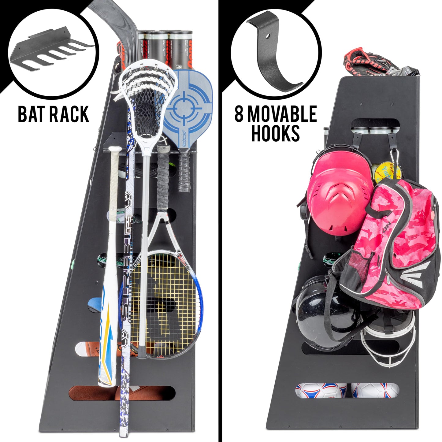 GoSports Premium Wooden Sports Equipment Organizer with Storage Hooks - Golf Bag Rack and Multi-Sport Ball Bin for Garage