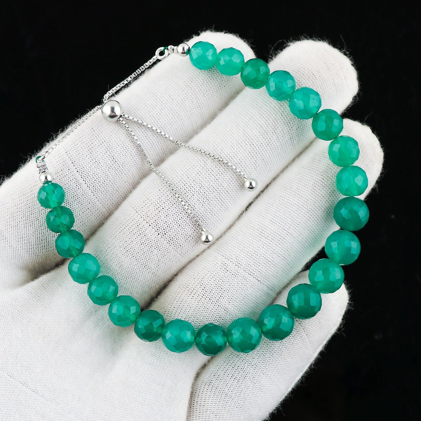 CRYSTALIS Natural Green Onyx Brilliant Round Beads Slider Bracelet, High Grade Beaded Crystals, Chakra Healing Gemstone, Gift Giving Women Jewelry, 925 Sterling Silver Slider 10 inch
