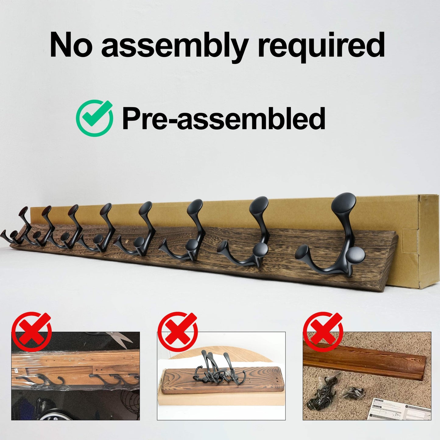 WEBI Coat Rack Wall Mount,17" Solid Wood Coat Hooks Wall Mounted Coat Hanger,16" Hole to Hole,Heavy Duty Hook Rack Rail,3 Triple Hooks for Hanging Coats,Jacket,Clothes,Hat,Backpack,Weathered Brown