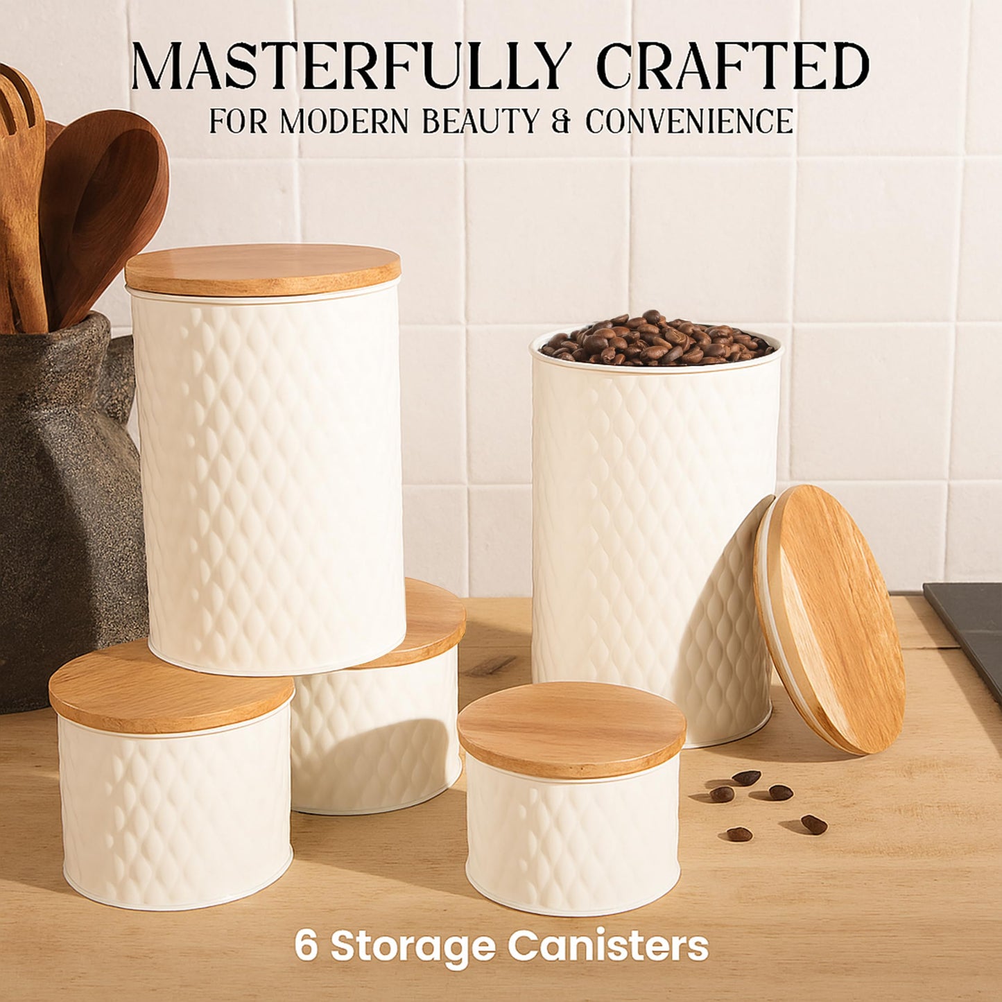 Alasitas 6 Canister Set for the Kitchen Countertop – Metal Food Storage Canisters with Airtight Lids for Flour, Tea, Crafts, Coffee, & Sugar – Container Set with Modern Wood Lids, White